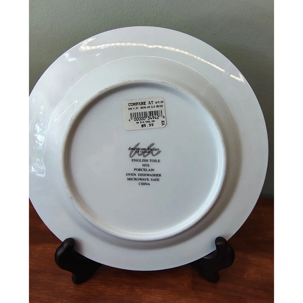 Set of 3 American Atelier Porcelain Salad Plates English Toile Blue Deco 5076